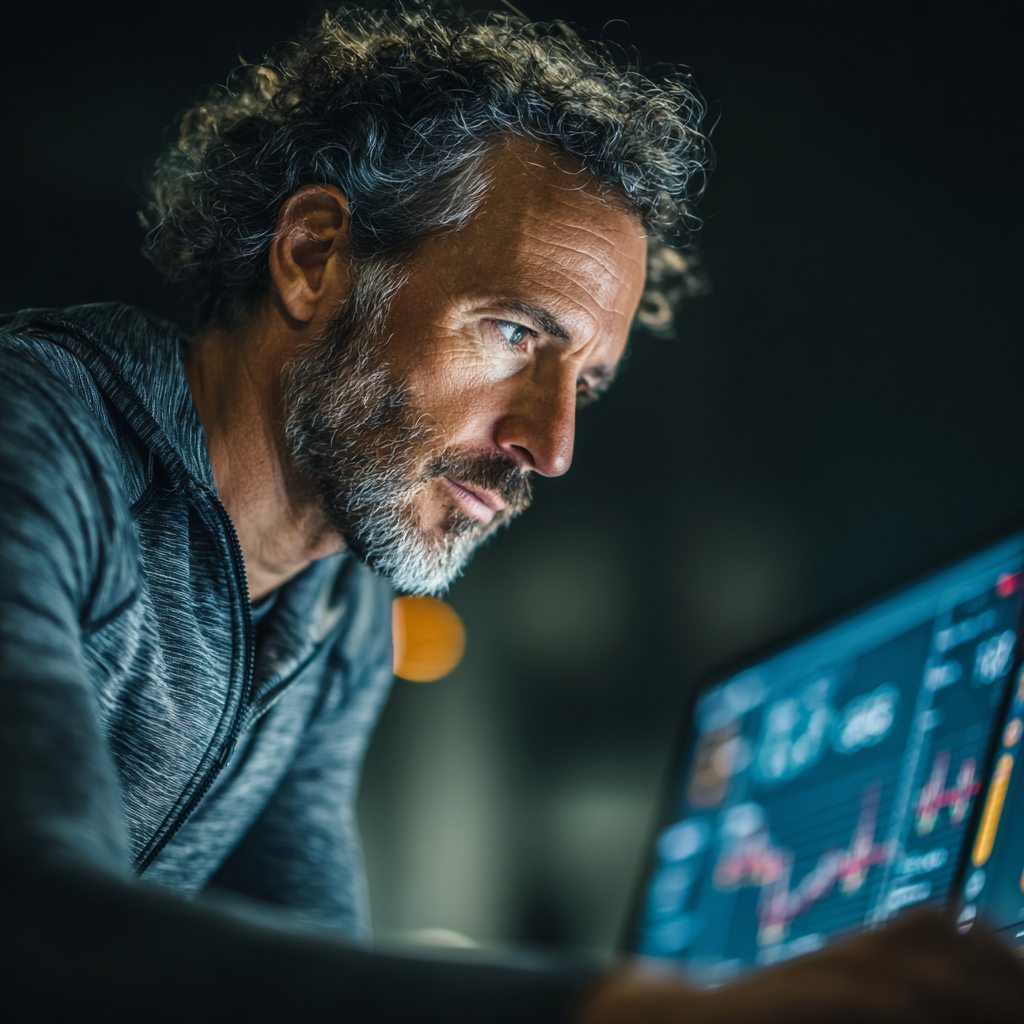 Middle-aged professional analyzing fitness data with scientific precision