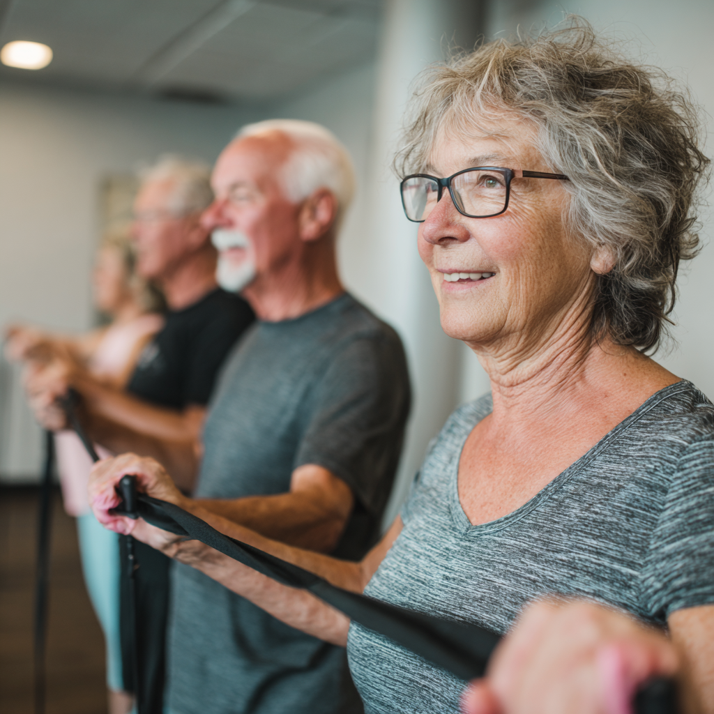 Senior adults engaging in structured fitness routine with professional guidance